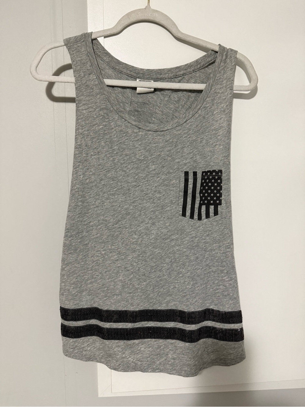 216. PINK Victoria's Secret Grey Tank Top with Black Pocket Flag Americana